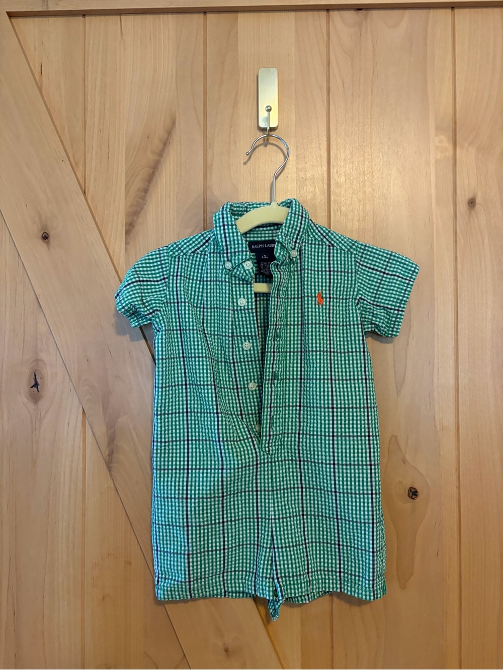 Ralph Lauren Gingham Cotton Poplin Shortall Green Baby Size 6-12 Mo Preppy